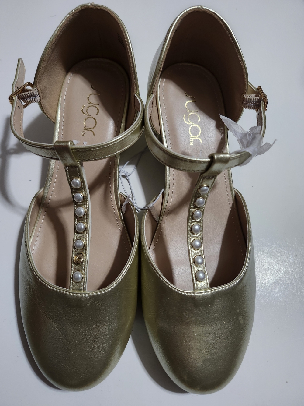 Sugar Gold Pearl-Trim T-Strap Dress Flats
